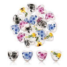 Honeyhandy 20Pcs 4 Color Handmade Porcelain Ceramic Beads, Flower Printed, Heart, Mixed Color, 15x15x7mm, Hole: 3mm, 5pcs/color