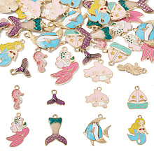 32Pcs 8 Style Alloy Enamel Pendants, Light Gold, Fishtail & Mermaid & Shark & Sea Horse & Ship with Star, Mixed Color, 13.5~29.5x10~25x1.4~3.5mm, Hole: 1.5~2.1mm, 4pcs/style