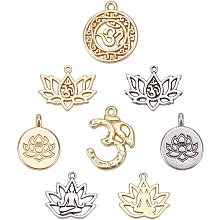 SUNNYCLUE 24pcs 8 Style Mixed Lotus Yoga OM OHM Flower Charms Pendants Jewelry Findings Making Accessory Supplies for DIY Necklace Bracelet Crafting, Antique Silver & Golden