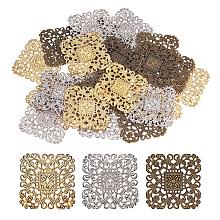 PandaHall Elite 60pcs 3 Colors 51mm(2") Square Iron Filigree Charm Pendant Connectors for Earring DIY Jewelry Making, Antique Bronze/Light Gold/Platinum