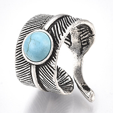 Honeyhandy Alloy Cuff Finger Rings, with Synthetic Turquoise, Wide Band Rings, Feather, Antique Silver, US Size 8 1/2(18.5mm)