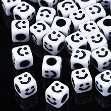 Honeyhandy Opaque Acrylic Beads, Cube with Smiling Face, White, 6x6x6mm, Hole: 3mm, about 2995pcs/500g