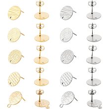 DICOSMETIC 40Pcs 5 Styles 2 Colors Stainless Steel Textured Flat Round Ear Stud Findings with Ear Nuts Circle Studs Earrings with Spot Line Disc Studs Earrings for DIY Jewelry Making Craft