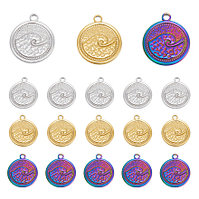 DICOSMETIC 18Pcs 3 Colors Flat Round Charms with Spindrift Pattern Engraved Coin Pendants Antique Tibetan Disc Charms Round Charms with Loop Stainless Steel Pendants for Jewelry Making