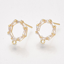 Honeyhandy Brass Cubic Zirconia Stud Earring Findings, with Loop, Clear, Nickel Free, Real 18K Gold Plated, 12x10.5mm, Hole: 1mm, Pin: 0.8mm