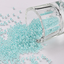 Honeyhandy 12/0 Grade A Round Glass Seed Beads, Ceylon, Pale Turquoise, 2x1.5mm, Hole: 0.7mm, about 5388pcs/50g