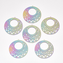 Honeyhandy Ion Plating(IP) 304 Stainless Steel Filigree Big Pendants, Etched Metal Embellishments, Flat Round, Rainbow Color, 50x48.5x0.2mm, Hole: 1.5mm