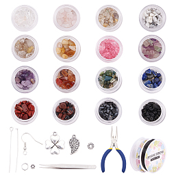 DIY Jewelry Set, with Gemstone Chip Beads, Alloy Beads & Pendants, Iron Earring Hooks & Pins, Elastic Crystal Thread, Stainless Iron Tweezers, 30x18mm