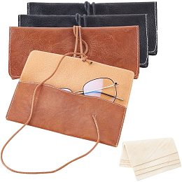 NBEADS 4 Pcs PU Leather Glasses Case, 2 Colors Soft Portable Sunglasses Pouch Handmade Vintage Reading Glasses Pouch Lace-up Spectacles Bag with 4 Pcs Cleaning Cloths for Eyeglasses Storage, 7x3