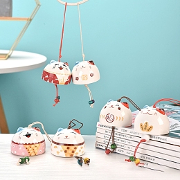 Honeyhandy Porcelain Lucky Cat Pendant Decorations, with Random Color Ears,Cute Cat Wind Chime Hanging Ornament with Rope, for Car Decoration, Mixed Color, 35x52mm