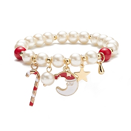 Honeyhandy Natural Mashan Jade & Glass Pearl Beaded Stretch Bracelet, Christmas Candy Cane & Santa Claus & Star Charm Bracelet for Women, Red, Inner Diameter: 2 inch(5.2cm)