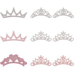 FINGERINSPIRE 9 PCS Rhinestone Crown Princess Cloth Applique 6 Styles Crystal AB Glass Rhinestone Crown Sewing Applique Pearl Pink/White/Camellia Crown Rhinestone Patch for Jackets Dress Clothes DIY