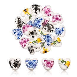 Honeyhandy 20Pcs 4 Color Handmade Porcelain Ceramic Beads, Flower Printed, Heart, Mixed Color, 15x15x7mm, Hole: 3mm, 5pcs/color