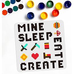 Pixel Word Stencils Word Sign Stencil 11.8×11.8inch Game Mine Sleep EAT Create Symbols Text Reusable PET Plastic Painting Stencils for Wood Signs Wall Fabric Home Room Decoration