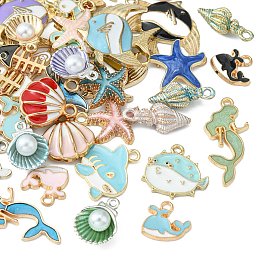 Honeyhandy 50Pcs 50 Styles Marine Animal Alloy Enamel Pendants, Mixed Shapes, Mixed Color, 12.5~29x8~25x1.5~3.5mm, Hole: 1.4~2.5mm, 1pc/style