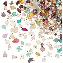 HOBBIESAY 200Pcs Natural Mixed Stones Chrams 8-10mm Agate Crystal Stones Charms with Golden Tones Brass Loops Chip Semi-precious Gemstones Pendant for Jewelry Making Necklace, Hole: 2-3.5mm