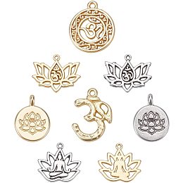 SUNNYCLUE 24pcs 8 Style Mixed Lotus Yoga OM OHM Flower Charms Pendants Jewelry Findings Making Accessory Supplies for DIY Necklace Bracelet Crafting, Antique Silver & Golden