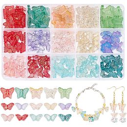 PandaHall Elite 180pcs Glass Butterfly Beads, 15 Styles 3 Sizes Glass Bead Charms Transparent Spray Painted Butterfly Beads Loose Spacer Beads for DIY Earrings Bracelets Necklaces Jewelry Crafts Making