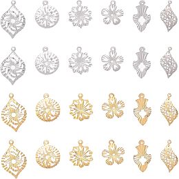 CHGCRAFT 24Pcs 12 Styles Flower Leaf Flat Round Shape Charm Rack Plating Brass Pendants for Bracelet Necklace DIY Craft Jewelry Making, Mixed Color