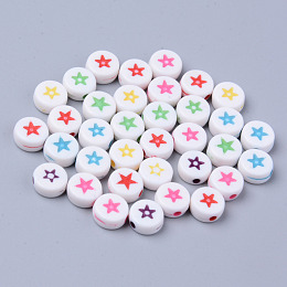 Honeyhandy Opaque White Acrylic Beads, Flat Round with Mixed Color Star, 7x3.5mm, Hole: 1.5mm, about 3500pcs/500g