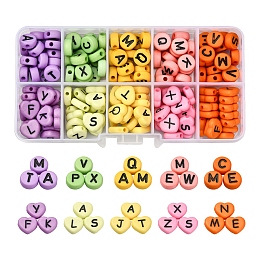 200Pcs 10 Colors Opaque Acrylic Beads, Horizontal Hole, Flat Round & Heart with Random Letters, Mixed Color, 10x4.5mm, 5colors, 20pcs/color