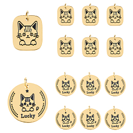 DICOSMETIC 12Pcs 2 Style Cat Lucky Pendant Enamel Cat Pendant Flat Round Pendant Golden Rrectangle Pendant Dangle Charms Pendant with Words for Necklace Earring Jewelry Making, Hole: 2.8mm