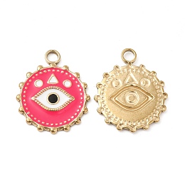 Honeyhandy PVD Vacuum Plating 201 Stainless Steel Enamel Pendants, Real 18K Gold Plated, Flat Round with Eye Charm, Deep Pink, 21.5x18x1.5mm, Hole: 2.6mm