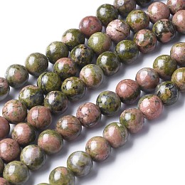 Honeyhandy Gemstone Beads Strands, Natural Unakite Beads, Round, about 8mm in diameter, hole: about 1mm, 15~16 inch