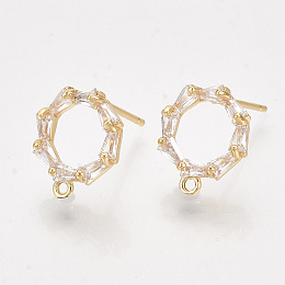 Honeyhandy Brass Cubic Zirconia Stud Earring Findings, with Loop, Clear, Nickel Free, Real 18K Gold Plated, 12x10.5mm, Hole: 1mm, Pin: 0.8mm