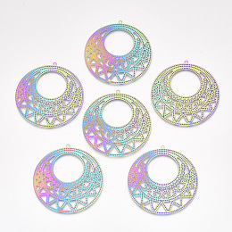 Honeyhandy Ion Plating(IP) 304 Stainless Steel Filigree Big Pendants, Etched Metal Embellishments, Flat Round, Rainbow Color, 50x48.5x0.2mm, Hole: 1.5mm