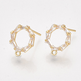 Honeyhandy Brass Cubic Zirconia Stud Earring Findings, with Loop, Clear, Nickel Free, Real 18K Gold Plated, 12x10.5mm, Hole: 1mm, Pin: 0.8mm