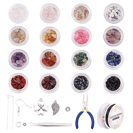 DIY Jewelry Set, with Gemstone Chip Beads, Alloy Beads & Pendants, Iron Earring Hooks & Pins, Elastic Crystal Thread, Stainless Iron Tweezers, 30x18mm