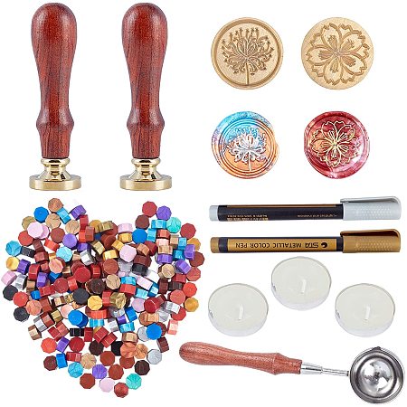 CRASPIRE DIY Scrapbook, Brass Wax Seal Blank Stamp Head and Wood Handle Sets, Wax Sealing Stamp Melting Spoon, Candle, Metallic Markers Paints Pens and Sealing Wax Particles, Floral Pattern, 90mm