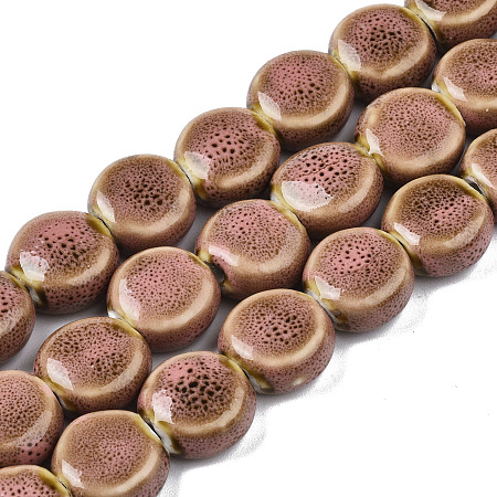 ARRICRAFT Handmade Porcelain Ceramic Beads Strands, Famille Rose Style, Flat Round, Light Coral, 12x7mm, Hole: 2mm, about 28~29pcs/strand, 12.28~12.72 inch(31.2~32.3cm)