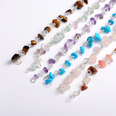 Honeyhandy Handmade Gemstone Chips Beads Chains for Necklaces Bracelets Making, with Silver Color Plated Iron Eye Pin, Unwelded, Mixed Stone, 39.3 inch, Beads: 5~9mm