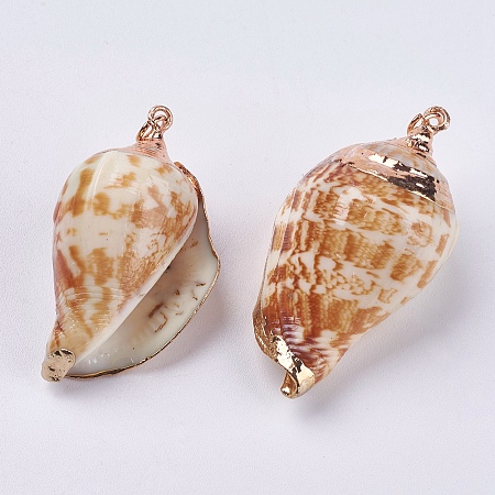 Electroplate Spiral Shell Pendants, with Iron Findings, Conch, Light Gold, 36~46x19~25x15~20mm, Hole: 3mm