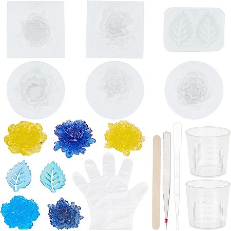 SUPERFINDINGS 3D Flower Silicone Molds Daisy Resin Moulds Set Including Resin Casting Molds Stainless Iron Tweezers Measuring Cup Plastic Dropper Gloves and Birch Wood Craft Ice Cream Sticks