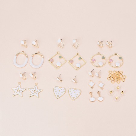 DIY Earring Making, with Brass Bullet Clutch Earring Backs, Jump Rings, Alloy Stud Earring Findings and Alloy Pendants, with Enamel, Mixed Shapes, Light Gold, White