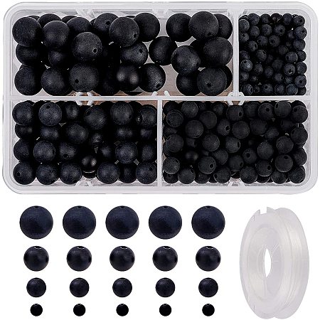 NBEADS About 370 Pcs Natural Matte Agate Gemstone Beads, 4mm/6mm/8mm/10mm Black Frosted Beads with 10m/Roll Beading Thread for Jewelry Making