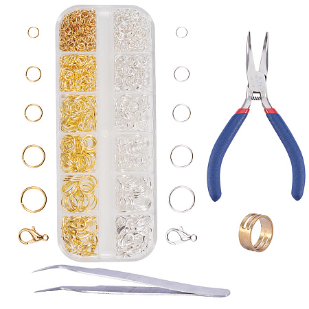 PandaHall Elite 1 Box Iron Jewelry Findings Kit with Open Jump Rings, Lobster Claw Clasps, Flat Nose Plier, Beading Tweezer and Ring Assistant Tool for Jewelry Making Golden and Sliver