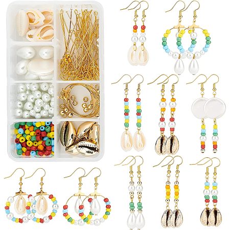 SUNNYCLUE DIY 10 Pairs Ocean Theme Drop Earring Making Kit Shell Pearl Cowrie Shell Beads 160pcs 4 Colors Glass Beads with Earring Hooks for Jewelry Making DIY Earrings Crafts