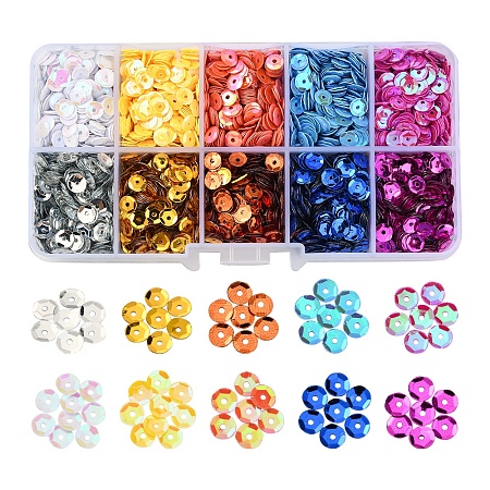 60G 10 Colors Plastic Paillette Beads, Semi-cupped Sequins Beads, Center Hole, Mixed Color, 5x0.5mm, Hole: 1mm, 6g/color
