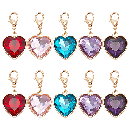 PandaHall Elite Heart Glass Charms, 5 Colors Faceted Heart Crystal Dangle Charms with Alloy Lobster Claw Clasps for Valentine's Day Mother's Day Thanksgiving Christmas Keychain Jewellery Making, 10pcs