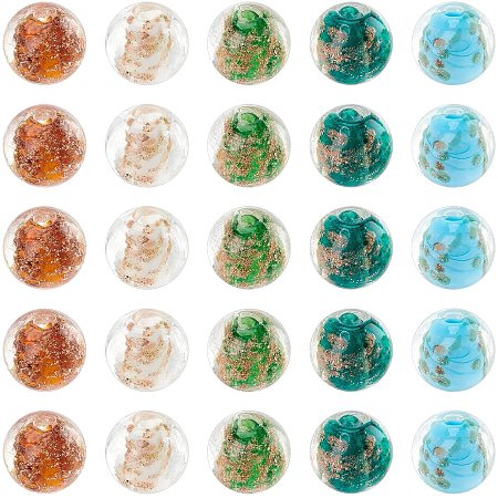 OLYCRAFT 50pcs Gold Sand Lampwork Beads 12mm Handmade Lampwork Beads Millefiori Round Loose Bead with 2mm Hole for DIY Crafts Bracelet Necklace Jewelry Making - 5 Colors
