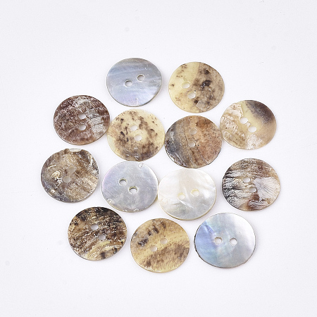 Honeyhandy 2-Hole Mother of Pearl Buttons, Akoya Shell Button, Flat Round, Tan, 12.5~13x1~2mm, Hole: 1.4mm