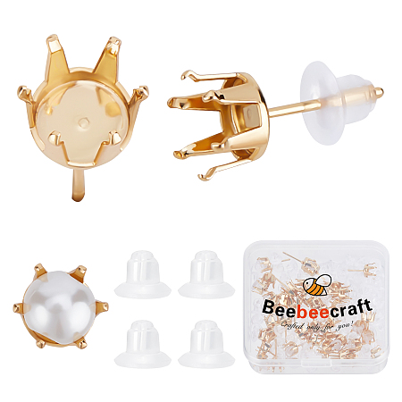 Beebeecraft 50Pcs/Box Stud Earring Settings 24K Gold Plated Stainless Steel Claw Earring Post Component with Ear Nuts for DIY Stud Earrings Jewelry Making
