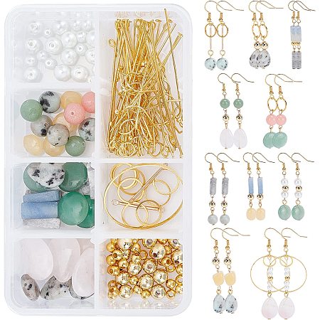 SUNNYCLUE 1 Box DIY Make 10 Pairs Stone Beads Earring Making Kit Including Stone Beads Glass Pearl Bead Bar Links Brass Linking Rings Jewelry Findings for Women Adults DIY Earring Making