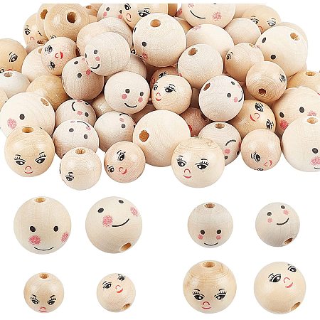 CHGCRAFT 80Pcs Smile Wooden Bead Wooden Smiling Face Beads Unfinished Wood Beads for Jewelry Making