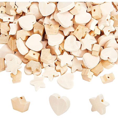 Pandahall Elite 300pcs Wooden Loose Beads 3 Shapes Macrame Beads with Hole Unfinished Wood Spacer Beads Star Wooden Beads for Home Decor Macrame Earring Necklace Pendants Making Independance Day Garland