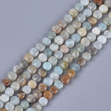 Natural Flower Amazonite Beads Strands, Faceted, Flat Round, 4~4.5x2.5~3mm, Hole: 0.8mm, about 88~89pcs/strand, 14.9 inch~15.1 inch